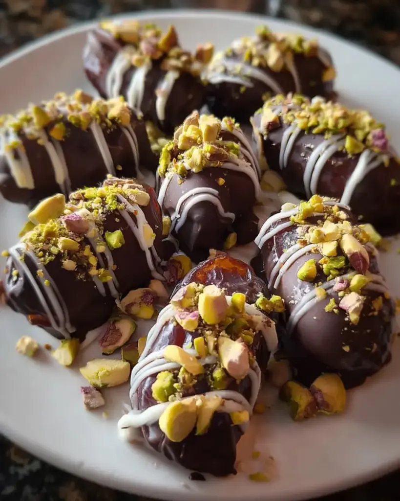 A delicious plate of Gourmet Chocolate-Covered Date Desserts with Pistachio Cardamom Twist