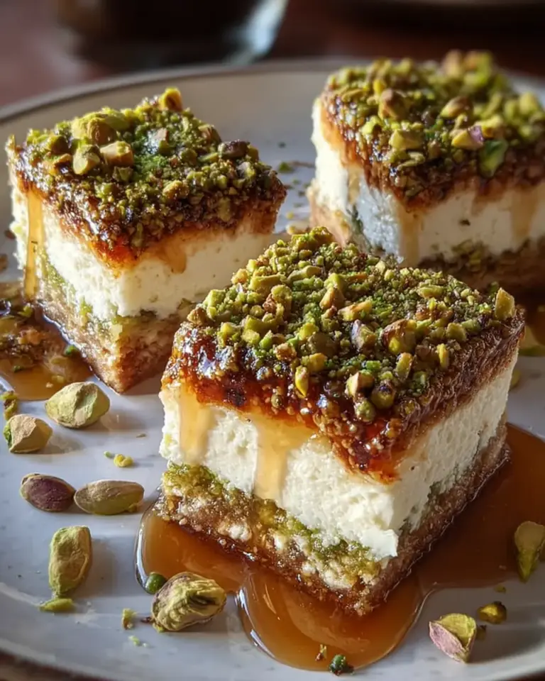 A delicious plate of Greek Honey Pistachio Cheesecake Bars