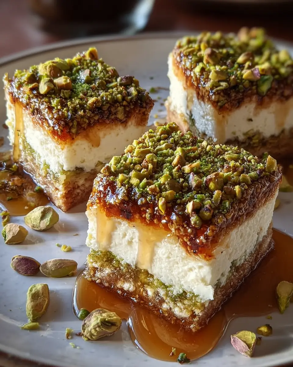 A delicious plate of Greek Honey Pistachio Cheesecake Bars