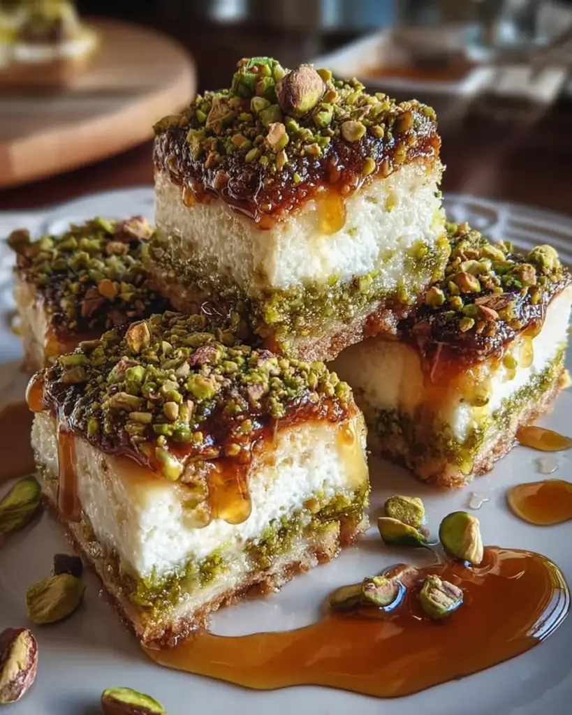 A delicious plate of Greek Honey Pistachio Cheesecake Bars