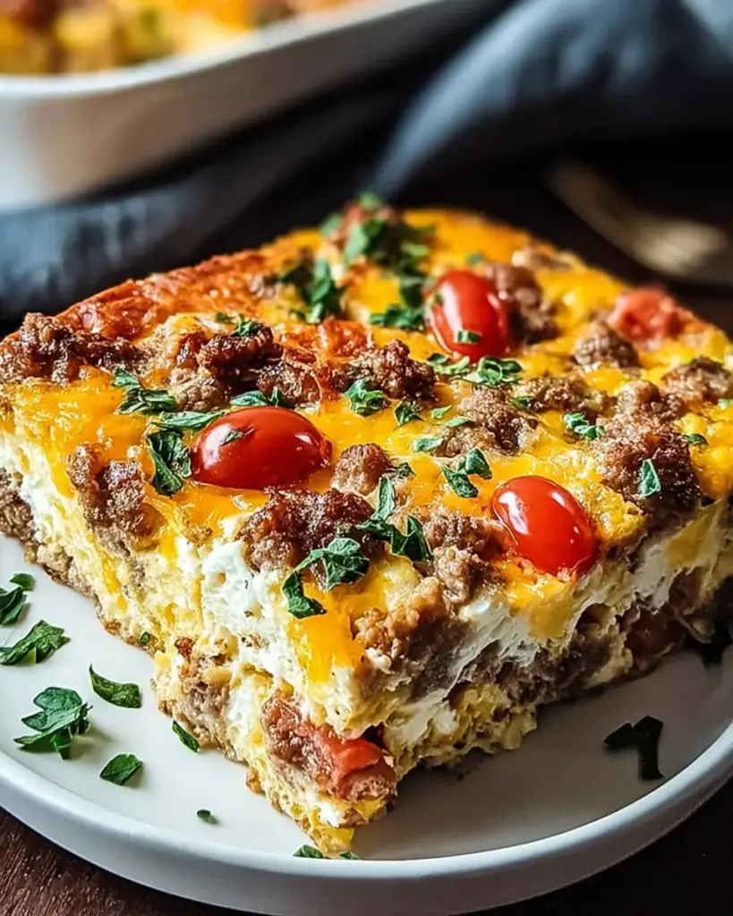 A delicious plate of High-Protein Cottage Cheese & Turkey Sausage Breakfast Casserole