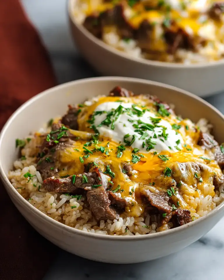 A delicious plate of High Protein Philly Cheesesteak Rice Bowls