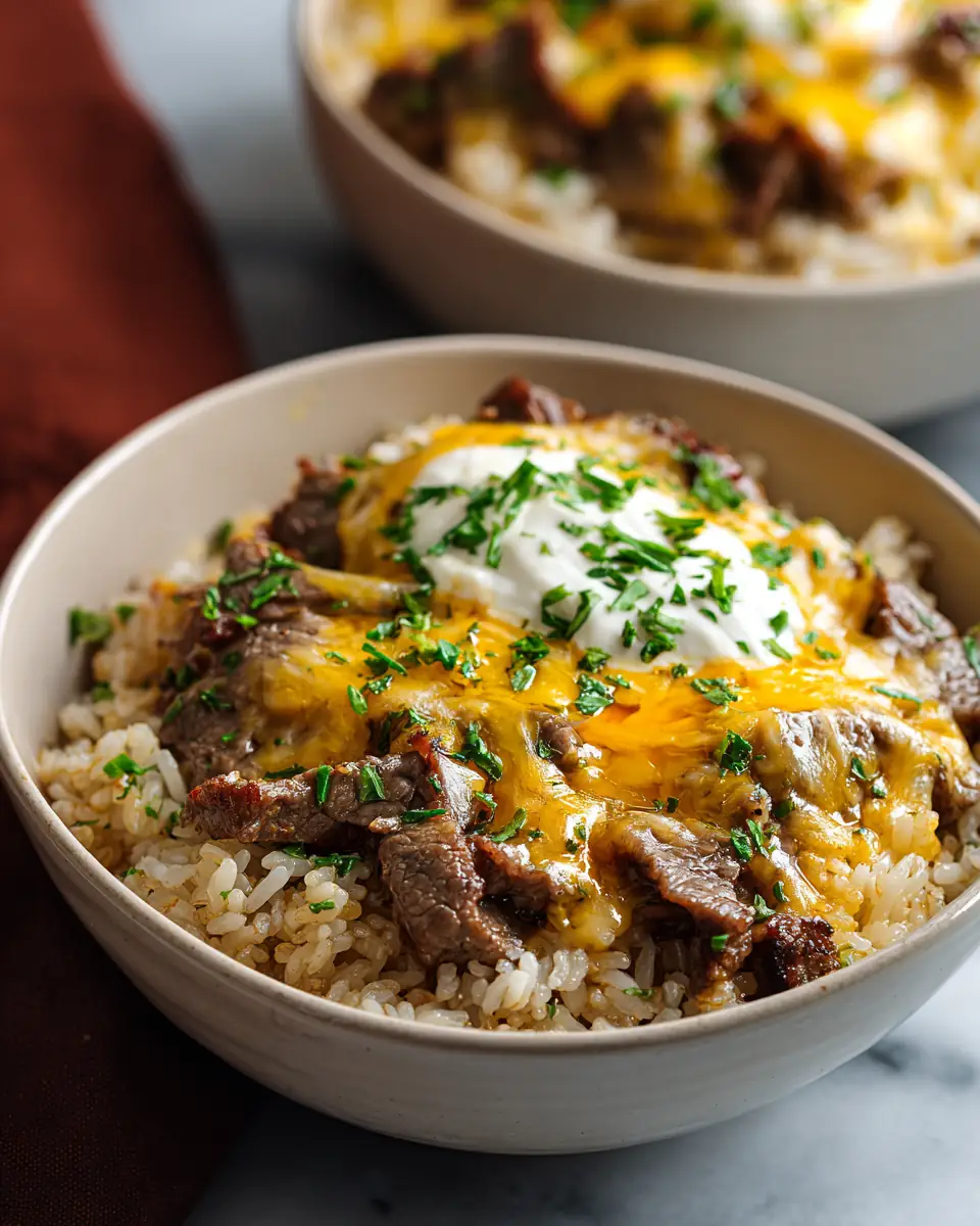 A delicious plate of High Protein Philly Cheesesteak Rice Bowls