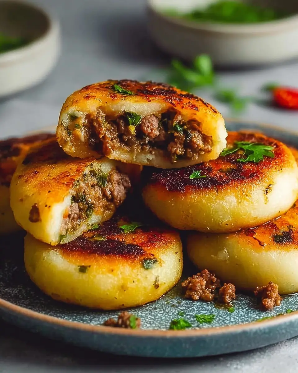 A delicious plate of Homemade Meat Stuffed Potato Cakes