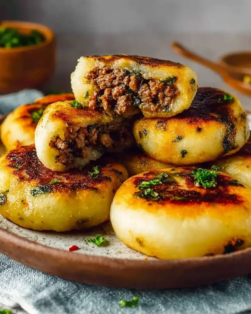 A delicious plate of Homemade Meat Stuffed Potato Cakes