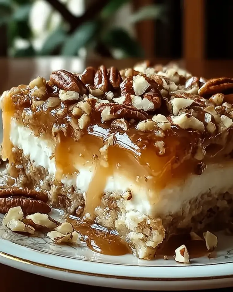 A delicious plate of Indulge in Butter Pecan Praline Poke Cake Bliss