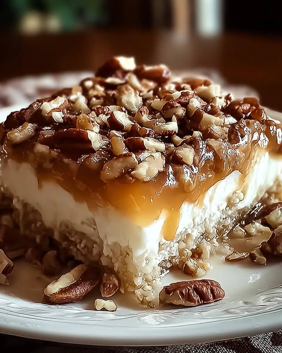 A delicious plate of Indulge in Butter Pecan Praline Poke Cake Bliss
