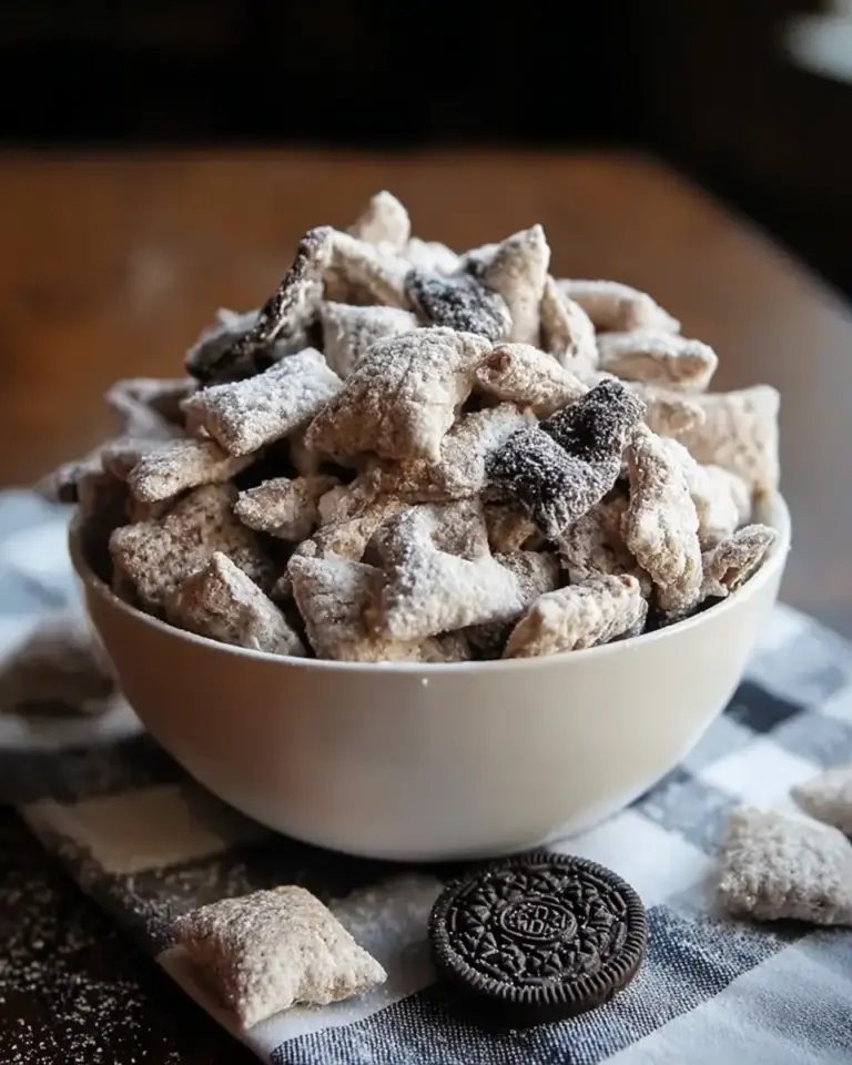 A delicious plate of Indulge in Sweetness with Cookies and Cream Puppy Chow