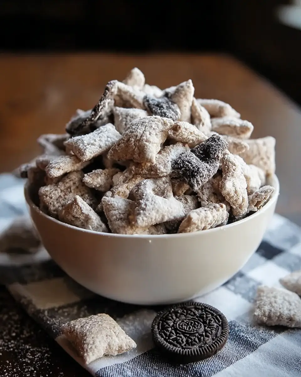 A delicious plate of Indulge in Sweetness with Cookies and Cream Puppy Chow