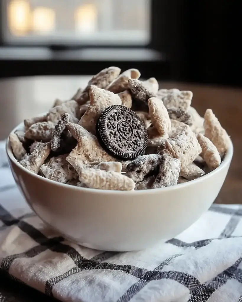 A delicious plate of Indulge in Sweetness with Cookies and Cream Puppy Chow