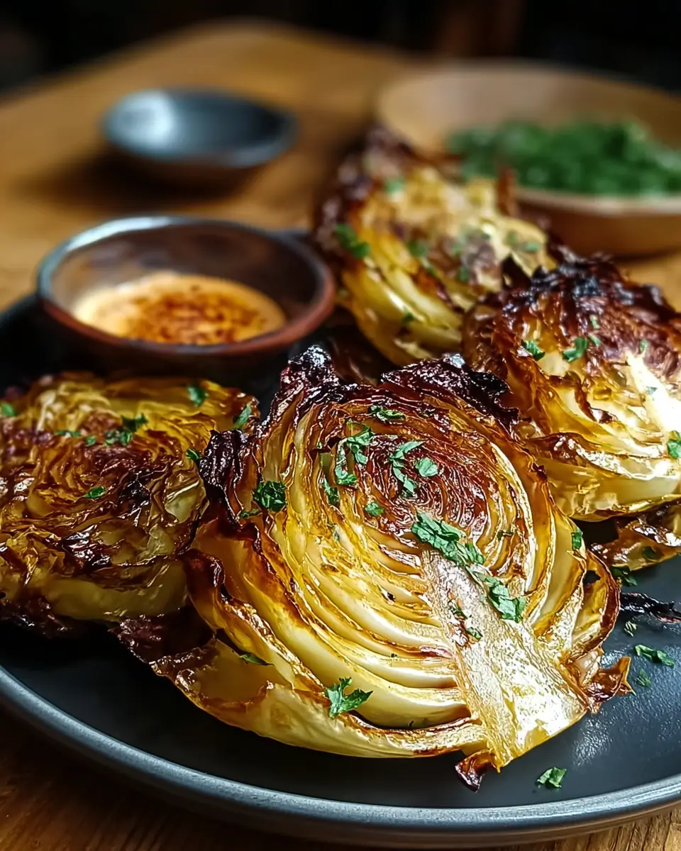 A delicious plate of Irresistibly Charred Roasted Cabbage Wedges with Spicy Aioli