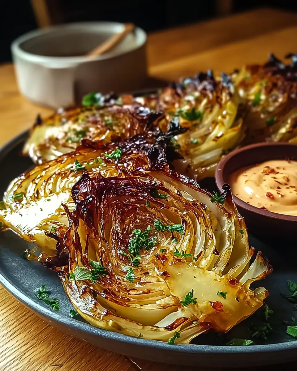 A delicious plate of Irresistibly Charred Roasted Cabbage Wedges with Spicy Aioli