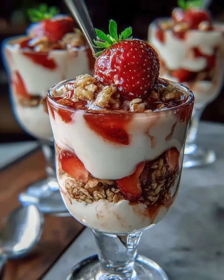 A delicious plate of Layered Strawberry Parfait Treat