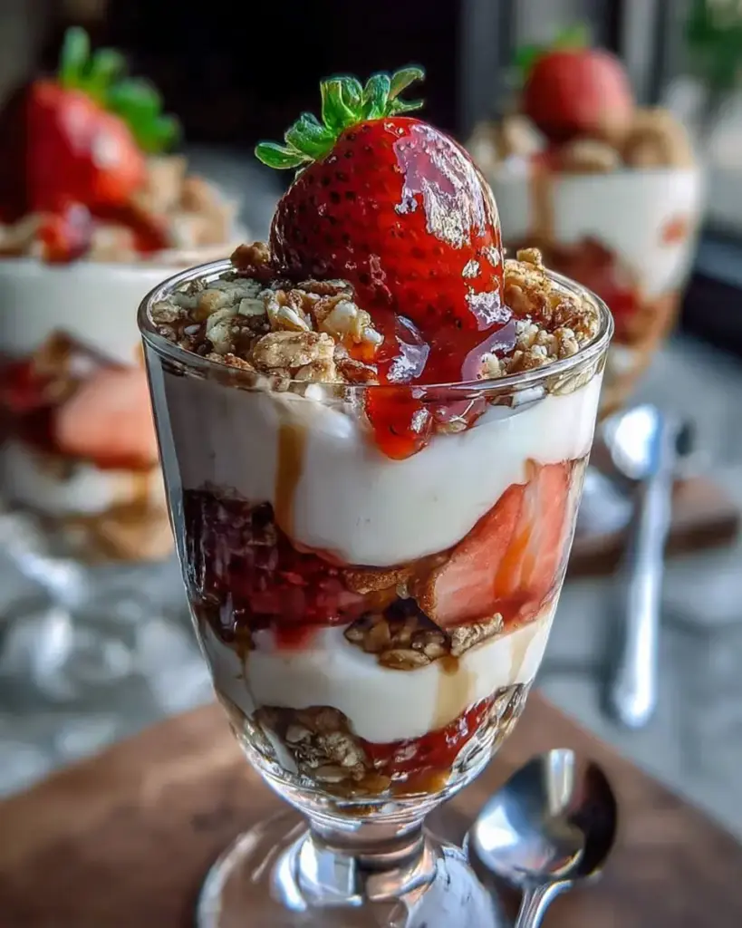 A delicious plate of Layered Strawberry Parfait Treat