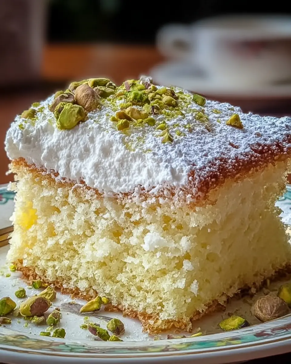 A delicious plate of Lemon Pistachio Ricotta Cloud Cake