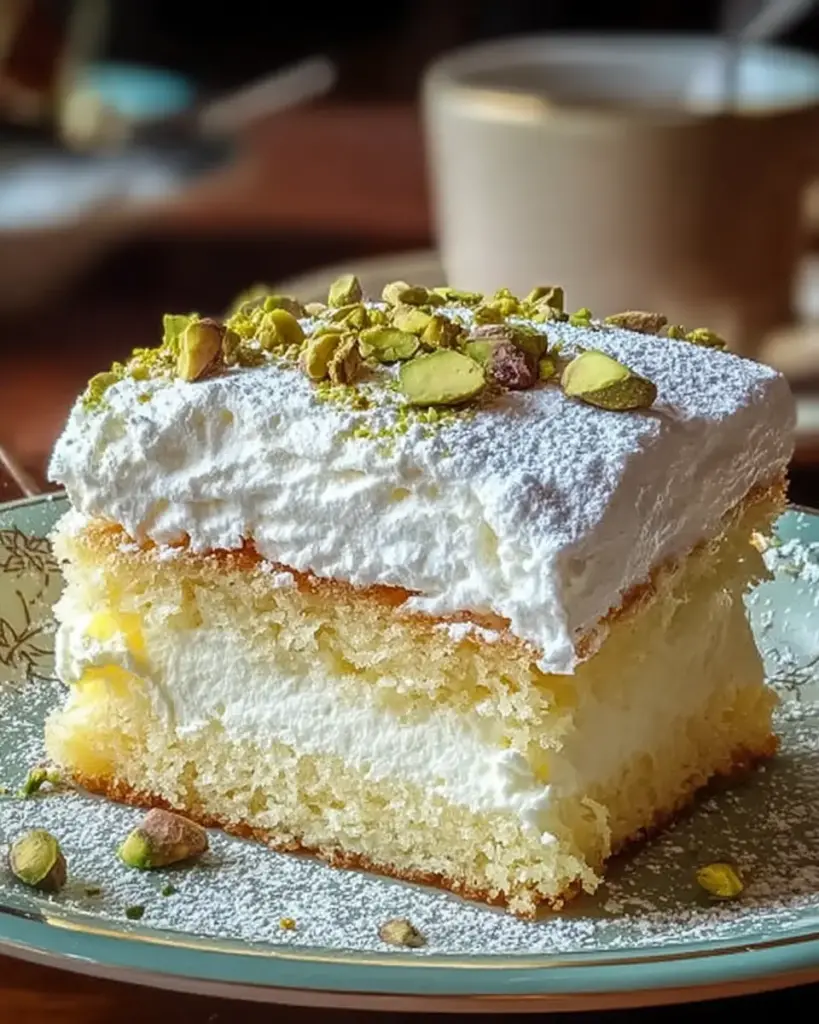 A delicious plate of Lemon Pistachio Ricotta Cloud Cake