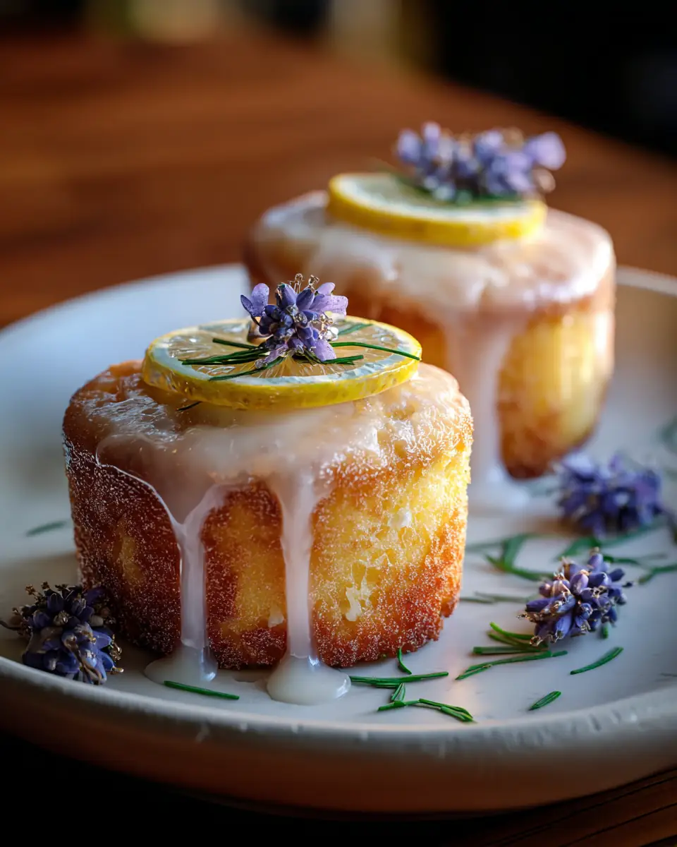 A delicious plate of Mini Lemon Cakes With Lavender Glaze