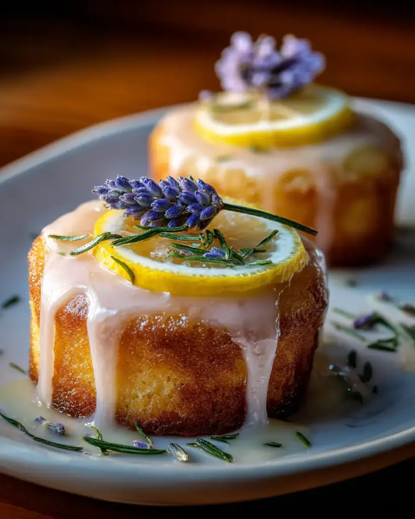 A delicious plate of Mini Lemon Cakes With Lavender Glaze