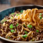A delicious plate of Mongolian Ground Beef Noodles
