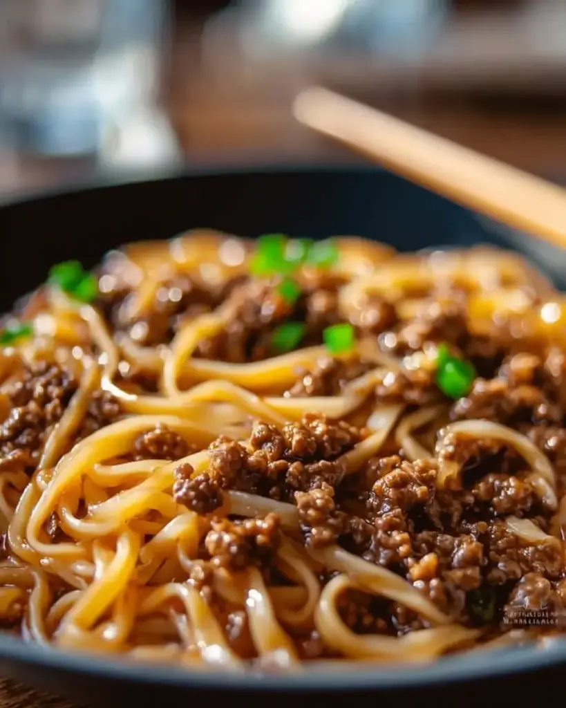 A delicious plate of Mongolian Ground Beef Noodles