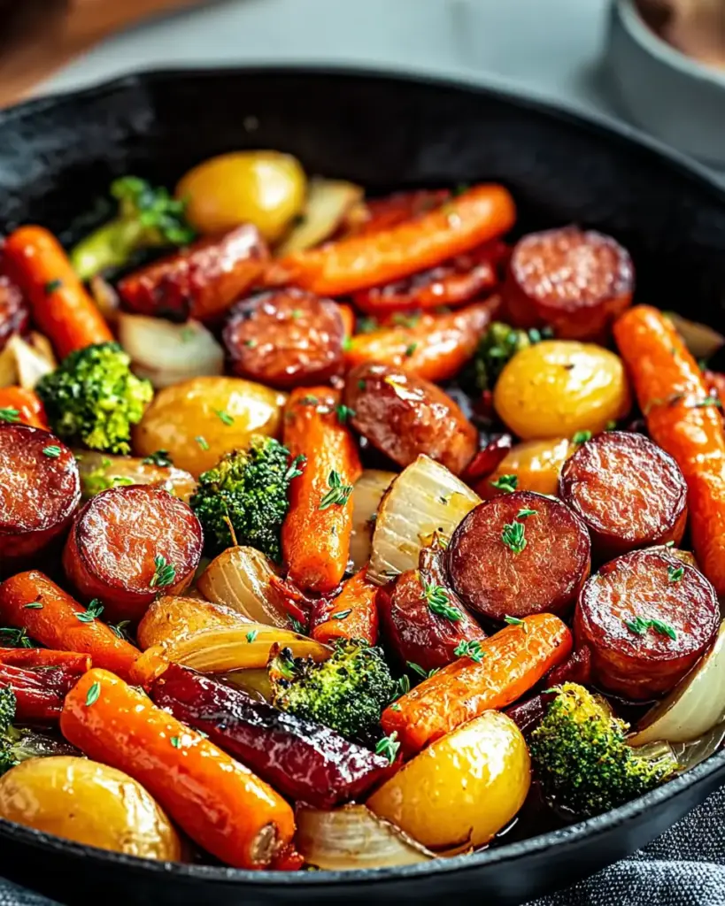 A delicious plate of One-Pan Honey Garlic Kielbasa & Veggies: Easy Family Delight