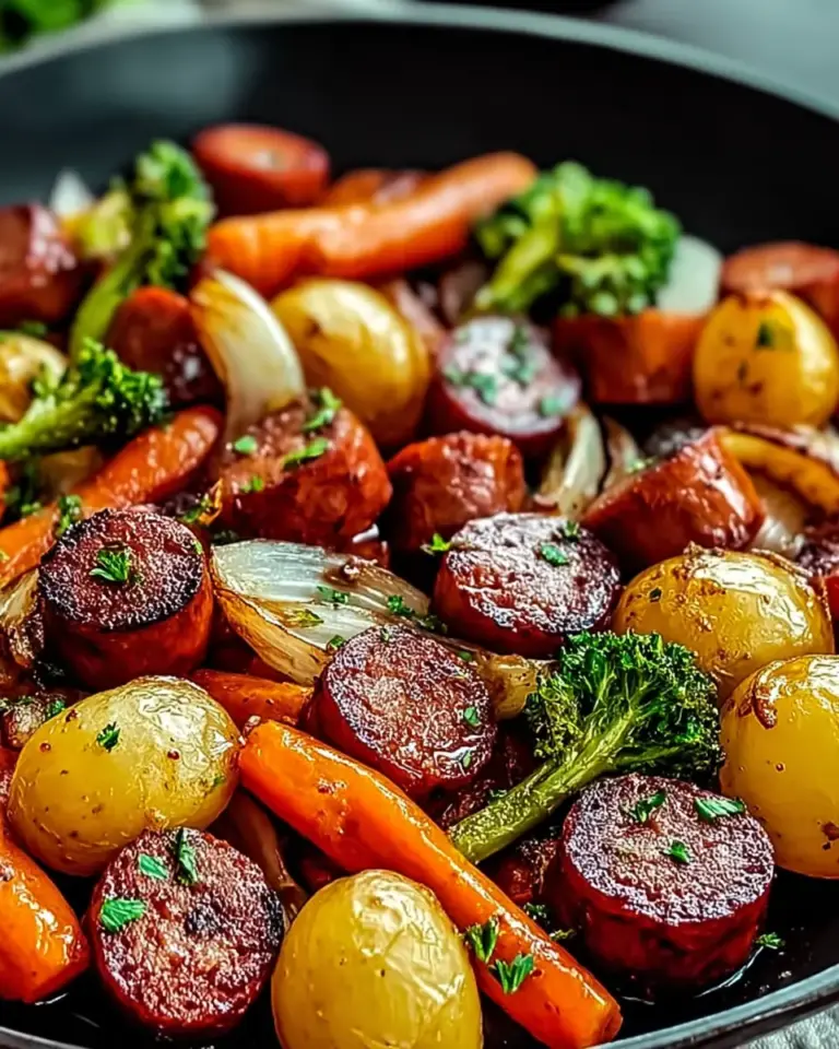 A delicious plate of One-Pan Honey Garlic Kielbasa & Veggies for Effortless Nights