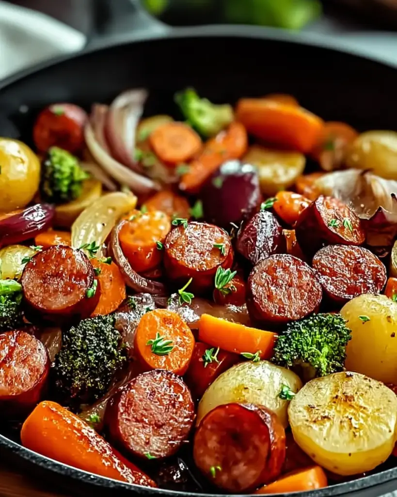 A delicious plate of One-Pan Honey Garlic Kielbasa & Veggies for Effortless Nights