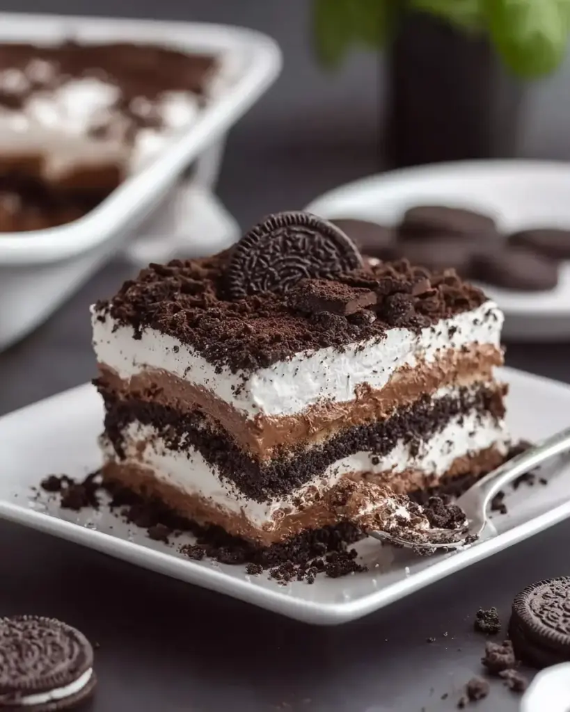 A delicious plate of Oreo Cookie Lasagna