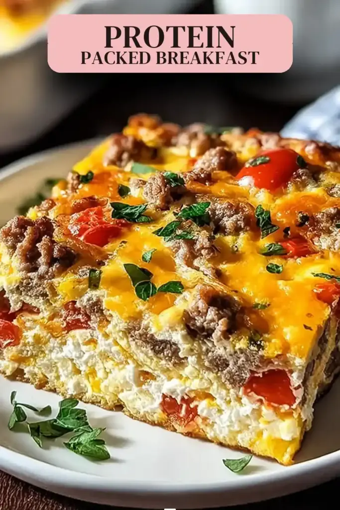 Pinterest pin (Design 2) for High-Protein Cottage Cheese & Turkey Sausage Breakfast Casserole