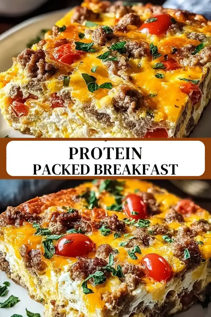 Pinterest pin (Design 3) for High-Protein Cottage Cheese & Turkey Sausage Breakfast Casserole