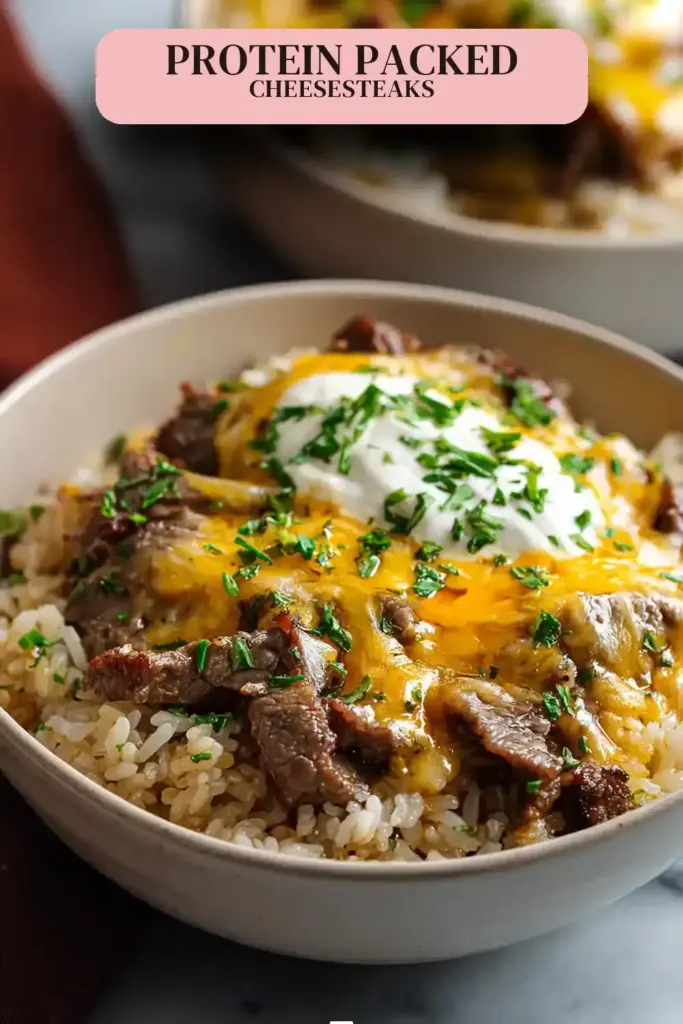 Pinterest pin (Design 2) for High Protein Philly Cheesesteak Rice Bowls