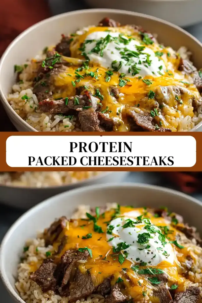 Pinterest pin (Design 3) for High Protein Philly Cheesesteak Rice Bowls