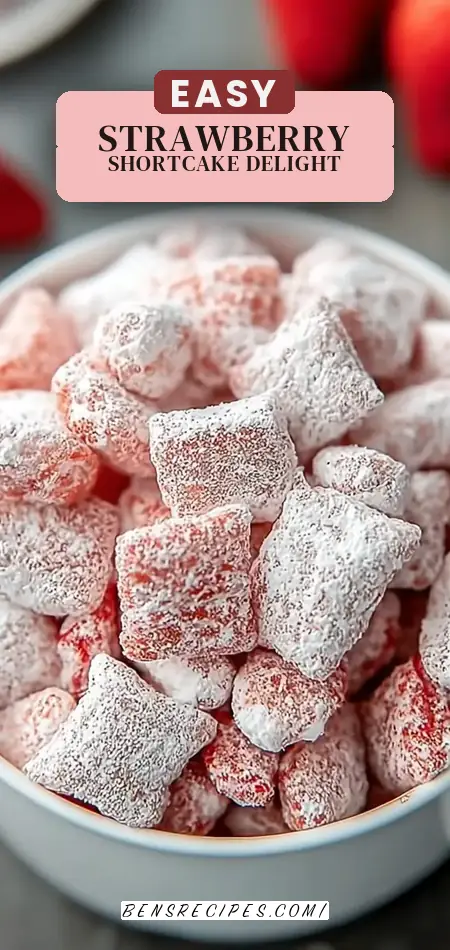 Pinterest pin (Design 2) for Delicious Strawberry Shortcake Puppy Chow: No-Bake Bliss!