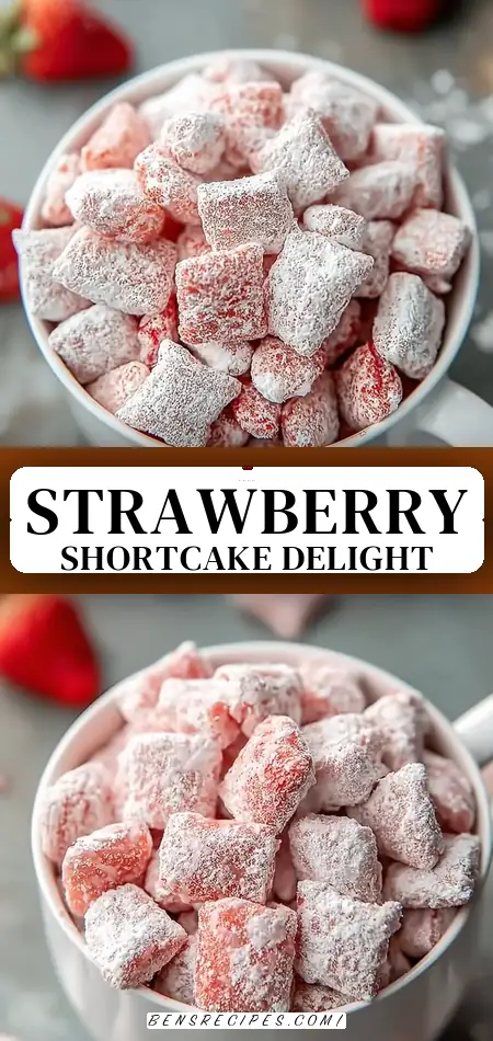 Pinterest pin (Design 3) for Delicious Strawberry Shortcake Puppy Chow: No-Bake Bliss!