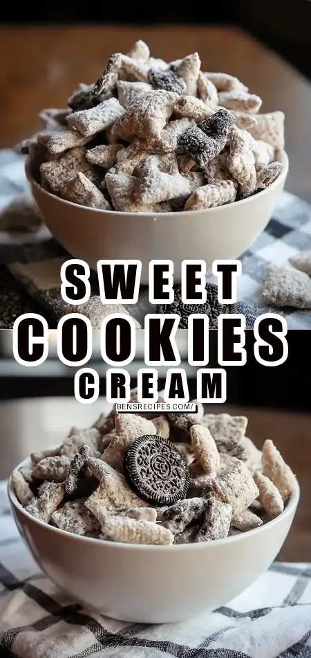 Pinterest pin (Design 1) for Indulge in Sweetness with Cookies and Cream Puppy Chow