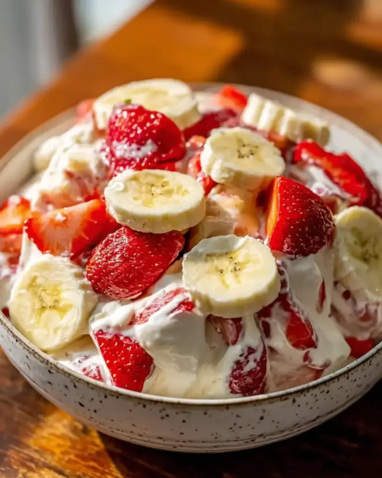 A delicious plate of Strawberry Banana Cheesecake Salad Recipe – Creamy & Easy