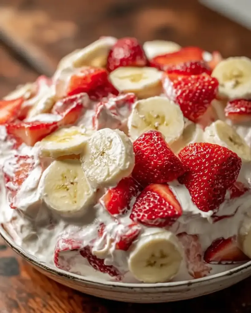 A delicious plate of Strawberry Banana Cheesecake Salad Recipe – Creamy & Easy