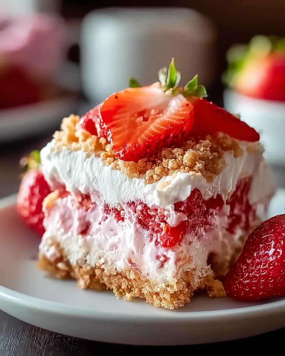A delicious plate of Strawberry Crunch Poke Cake