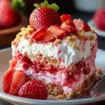 A delicious plate of Strawberry Crunch Poke Cake