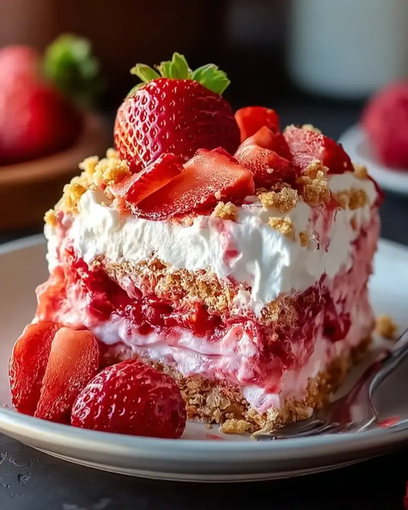 A delicious plate of Strawberry Crunch Poke Cake