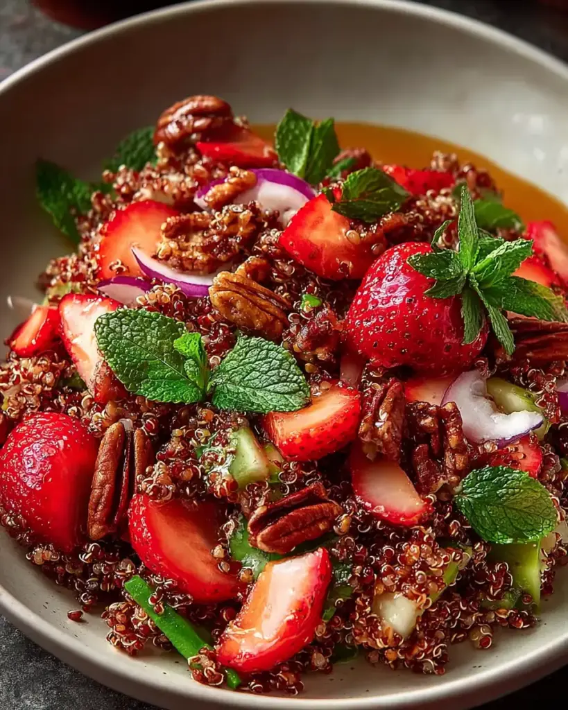 A delicious plate of Strawberry Quinoa Salad with Pecan Brittle