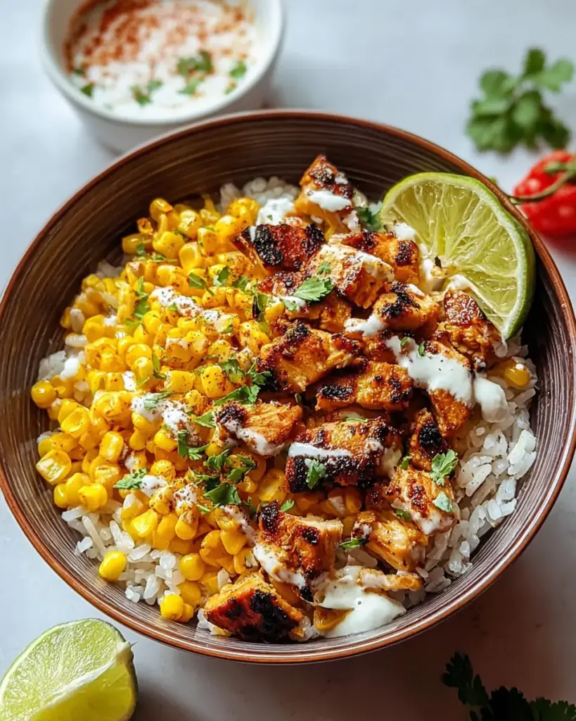 A delicious plate of Street Corn Chicken Rice Bowl