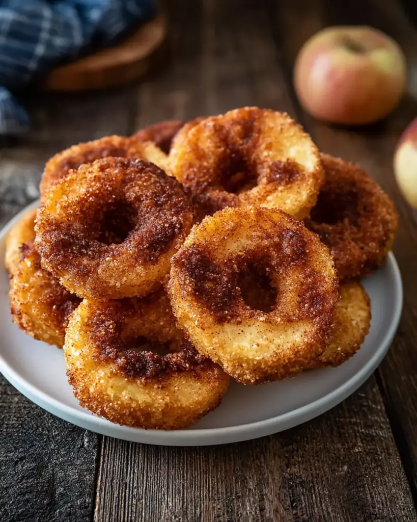 A delicious plate of Air Fryer Cinnamon Apple Rings:5-Min Easy Crispy Delicious.