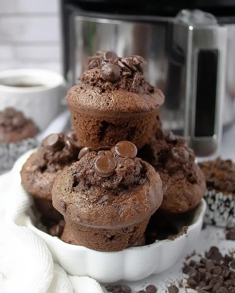 A delicious plate of Air Fryer Double Chocolate Muffins