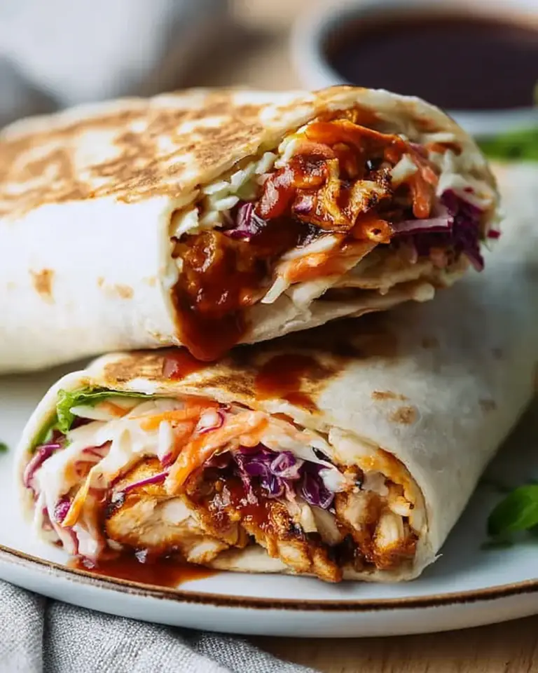 A delicious plate of BBQ Chicken Coleslaw Wraps