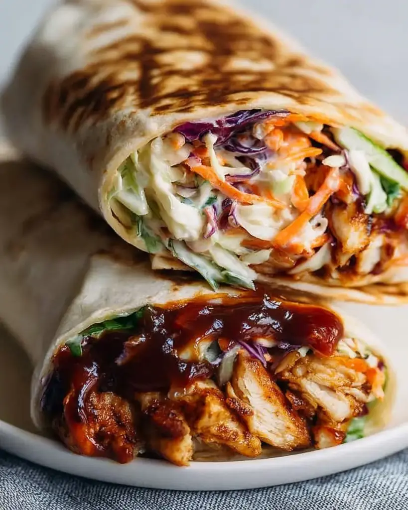 A delicious plate of BBQ Chicken Coleslaw Wraps