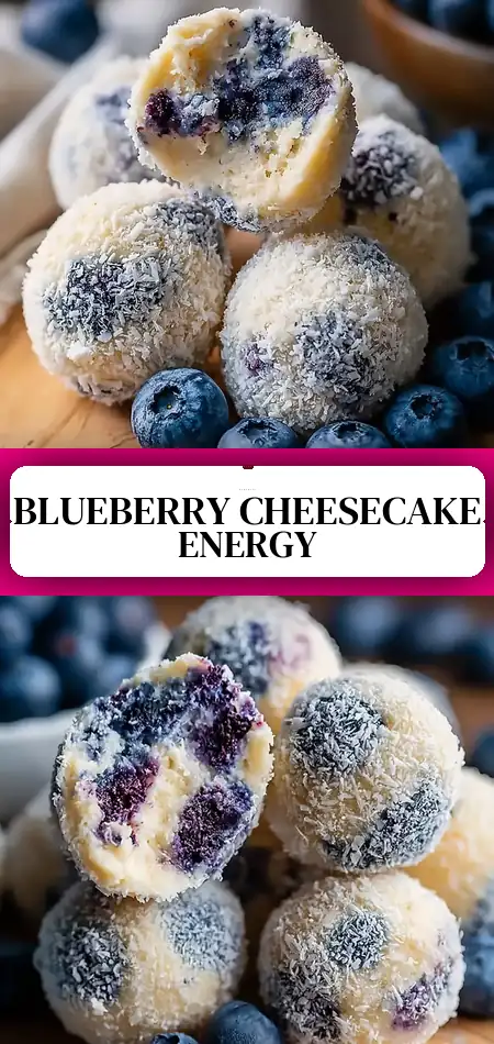 Pinterest pin (Design 3) for Creamy Blueberry Cheesecake Protein Balls
