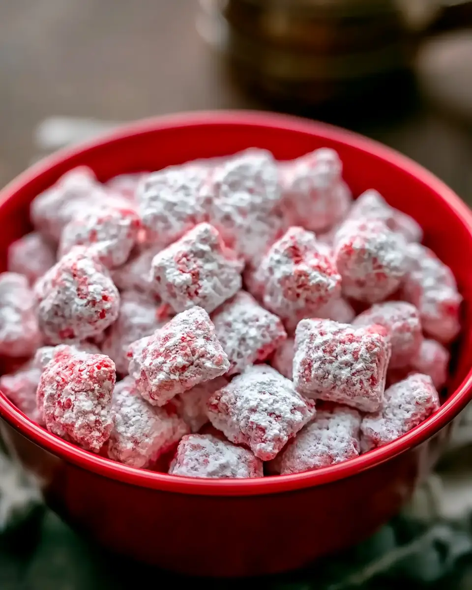A delicious plate of Best Strawberry Shortcake Puppy Chow Quick Treat