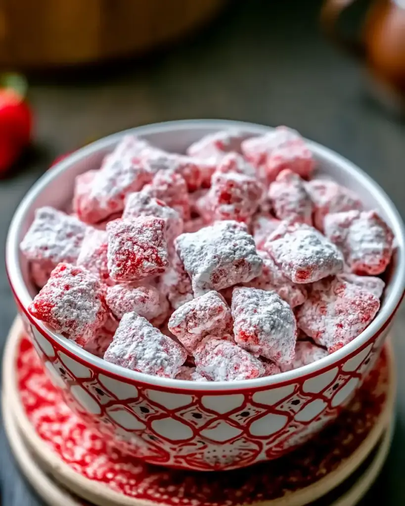 A delicious plate of Best Strawberry Shortcake Puppy Chow Quick Treat