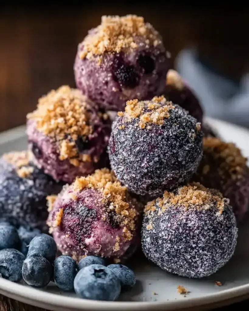 A delicious plate of Blueberry Cheesecake Protein Balls